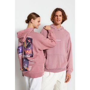 Trendyol Pale Pink Unisex Oversize/Wide-Fit Weathered/Faded Effect 100% Cotton Space Print Sweatshirt