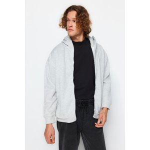 Trendyol Men's Gray Melange Oversize/Wide-Fit Zipper Special Collar Hooded Cotton Sweatshirt