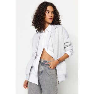 Trendyol Gray Melange Oversize/Wrap Zipper Hooded Thick Fleece Knitted Sweatshirt