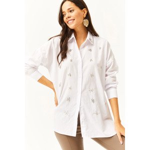 Olalook Women's White Collar and Six Oval Woven Shirt with Stones