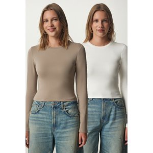 Happiness İstanbul Women's Mink Ecru Crew Neck Saran 2-Pack Knitted Blouse