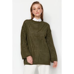 Trendyol Khaki úpletový pletený sveter uvoľneného strihu s prelamovaným otvorom / otvormi a