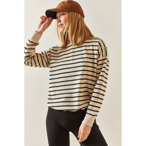 XHAN Cream Crew Neck Striped Sweatshirt
