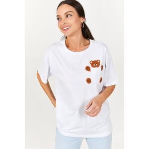 armonika Women's White Oversized T-shirt with Pocket and Teddy bears