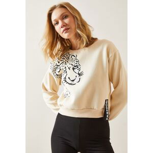 XHAN Cream Crew Neck Printed Sweatshirt