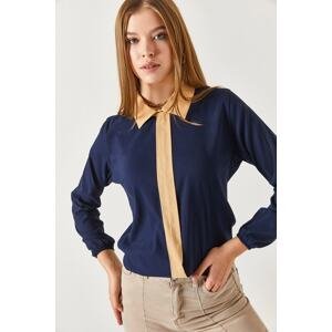 armonika Women's Navy Blue Striped Shirt Collar With Elastic Sleeves