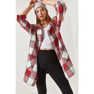armonika Women's Claret Red Checkered Loose Jacket with Pocket