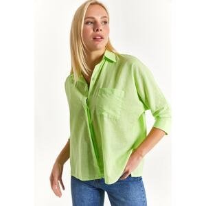 armonika Women's Neon Yellow Loose Linen Shirt with Pockets