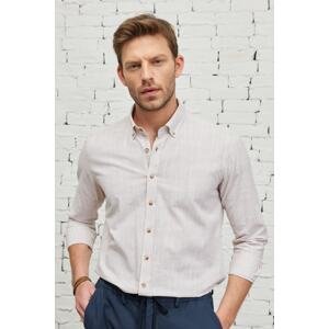 ALTINYILDIZ CLASSICS Men's Beige Slim Fit Slim Fit Buttoned Collar Linen Look 100% Cotton Flamed Shirt