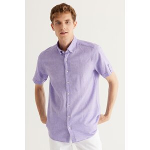 AC&Co / Altınyıldız Classics Men's Lilac Slim Fit Slim Fit Buttoned Collar Short Sleeved Linen Shirt.