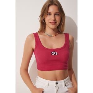 Happiness İstanbul Women's Dark Pink Panda Embroidery Knitted Crop Top