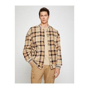 Koton Plaid College Jacket Bomber Collar Snap Buttons Pocket