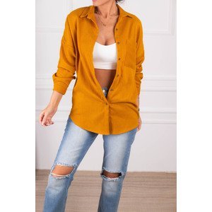 armonika Women's Mustard Pocket Oversize Velvet Long Basic Shirt