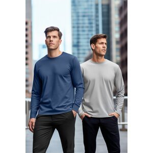 Trendyol Grey-Indigo pánske 2-balenie trička so 100% bavlneným dlhým rukávom pravidelného/pravidelného strihu Basic.