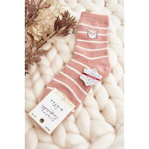 Women's warm striped socks with teddy bear, pink