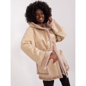 Beige short winter coat with a hood