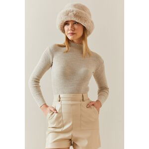 XHAN Beige Ribbed Half Turtleneck Sweater