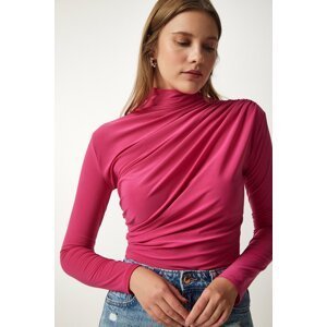 Happiness İstanbul Women's Pink Gather Detailed High Collar Sandy Blouse