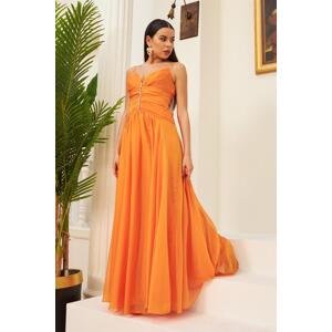 Carmen Orange Chiffon Strappy Collar Stone Long Evening Dress And Invitation Dress