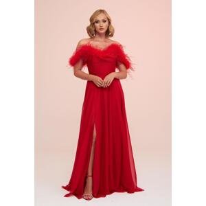 Carmen Red Chiffon Feathered Slit Long Evening Dress