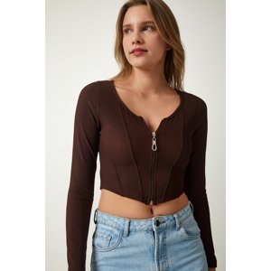Happiness İstanbul Women's Brown Zipper Ribbed Crop Blouse