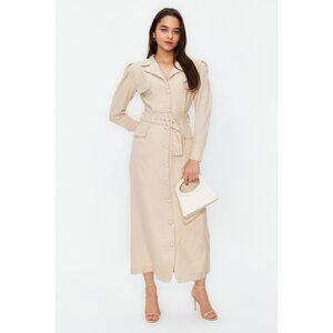 Trendyol Stone Belted Linen Look Woven Shirt Dress