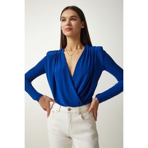 Happiness İstanbul Women's Cobalt Blue Wrapover Neck Snap-On Knitted Blouse