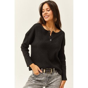 Olalook Women's Black Buttoned Loose Loose Sweater
