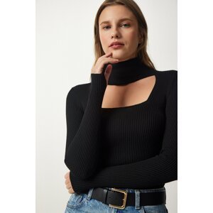 Happiness İstanbul Women's Black Cut Out Detailed High Neck Ribbed Knitwear Sweater