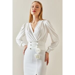 XHAN White Double Breasted Collar Watermelon Cufflinks Blouse