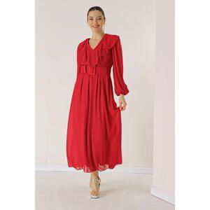 By Saygı Flounce Collar Banded Waist Belt Lined Chiffon Dress