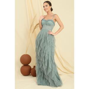 By Saygı Bead Rope Strapless Strapless Handkerchief Fringed Lined Long Tulle Dress