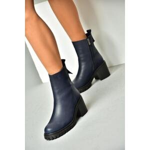 Fox Shoes Navy Blue Genuine Leather Women's Thick Heeled Boots
