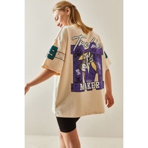 XHAN Cream Crew Neck Back Printed Oversize T-Shirt 4KXK1-47898-22