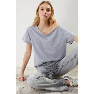 Trendyol Gray Melange Cotton Boyfriend/Wide Cut Boat Neck Knitted T-Shirt