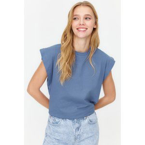 Trendyol Indigo 100% Cotton Wadding Look Basic Crew Neck Knitted T-Shirt