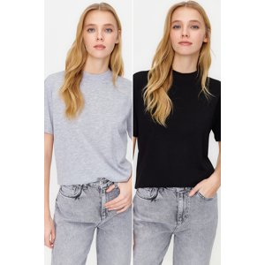 Trendyol Black-Grey Melange 2-Pack 100% Cotton Basic Stand-Up Collar Knitted T-Shirt