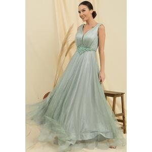 By Saygı V-Neck Waist Stone Lined Top Silvery Inner Satin Long Princess Dress