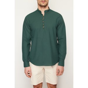 Trendyol Dark Green Slim Fit Half Plaid Large Collar 100% Cotton Shirt