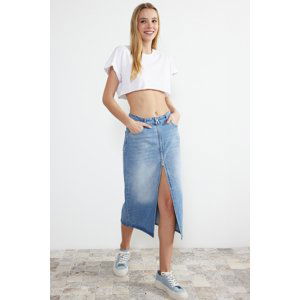 Trendyol Blue More Sustainable Front Zipper High Waist Midi Denim Skirt