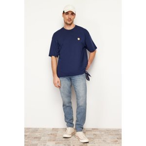Trendyol Navy Blue Oversize/Wide Cut Short Sleeve Embroidered 100% Cotton T-Shirt