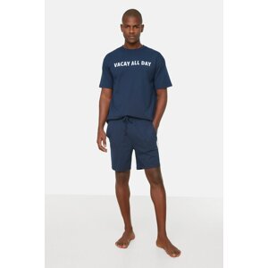 Trendyol Navy Blue Men's Regular Fit Printed Pajamas Set.