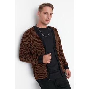 Trendyol Cinnamon Men's Oversize Fit Wide Fit V-neck Checkered Pattern Knitwear Cardigan
