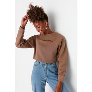 Trendyol Stone Loose Crop Collar Detailed Thin, Fleece Inside Knitted Sweatshirt