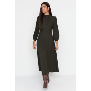 Trendyol Dark Green High Neck Woven Dress with Gathered Front