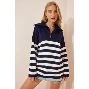 Happiness İstanbul Women's White Navy Blue Zipper High Neck Striped Oversize Knitwear Sweater