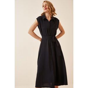 Happiness İstanbul Women's Black Belted Linen Viscose Summer Shirt Dress