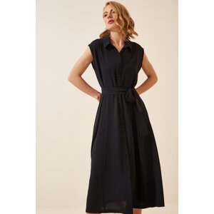 Happiness İstanbul Women's Black Belted Linen Viscose Summer Shirt Dress