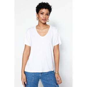 Trendyol White Viscose Basic V-Neck Knitted T-Shirt