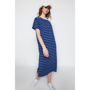 Trendyol Navy Blue Striped Slit Detailed Shift/Plain Maxi Knitted Dress